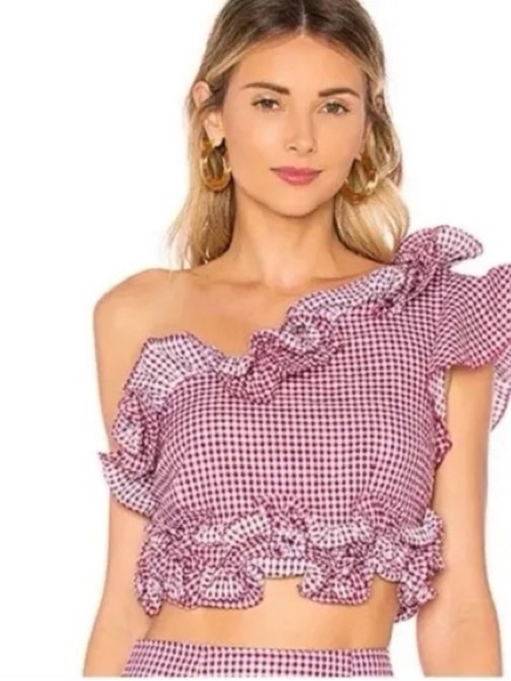 Lovers + Friends Gingham One-Shoulder Ruffle Crop Top